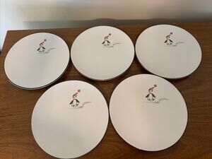 5 PFALTZGRAFF CHINA "PENGUIN SKATE' SALAD PLATES CHRISTMAS HOLIDAY SKATING SNOW